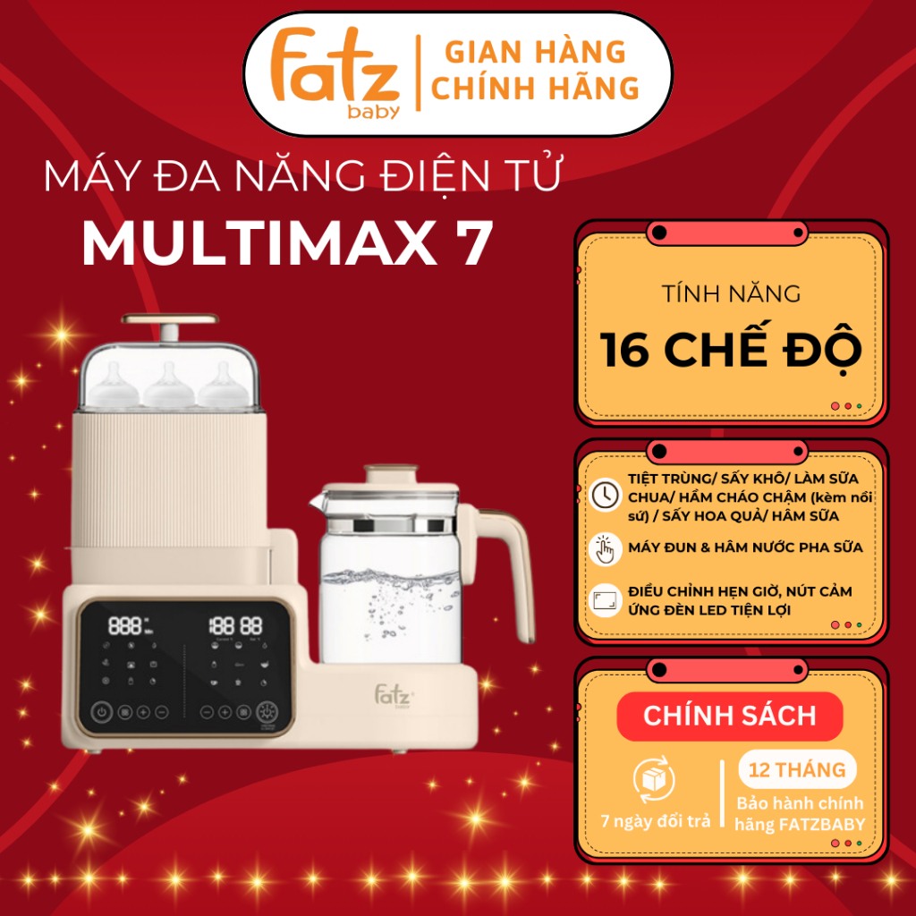 Máy Tiệt Trùng Sấy Khô, Làm Sữa Chua, Nấu Cháo Chậm, Hâm Sữa Fatzbaby Multimax 7 FB9302TN Chính Hãng