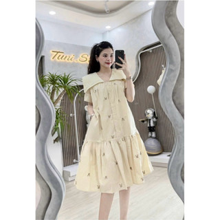 Váy YT110, Đầm Suông Đuôi Cá Cổ Phối Viền Ren In Hình Thỏ Sang Chảnh