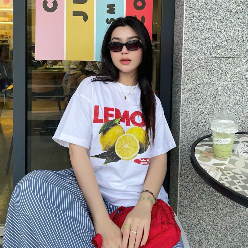 Áo Phông Cổ Tròn Phối Chanh Lemon Trẻ Trung Sành Điệu Chất Liệu Cotton Mùa Hè Thoáng Mát Mền Mịn