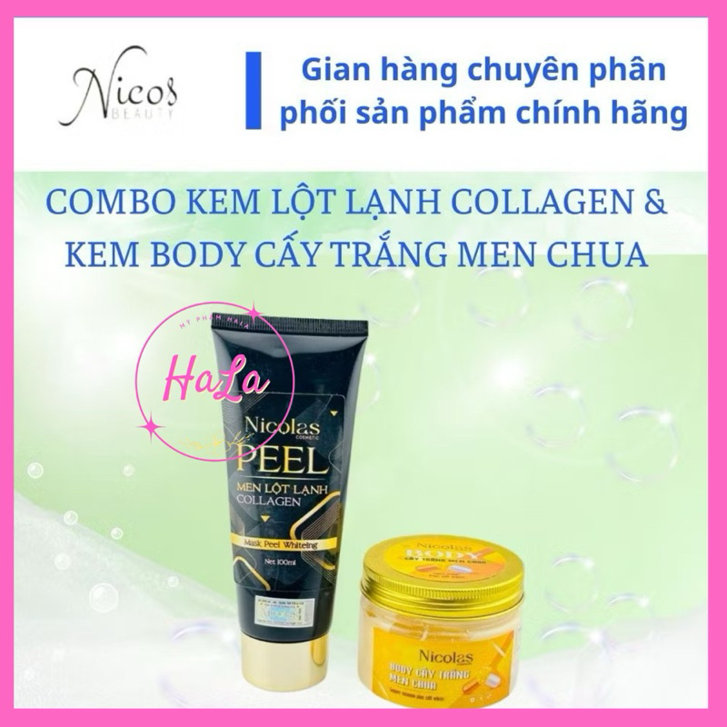 (Chính Hãng) Combo Lột Trắng Da Lột Lạnh Collagen Nicolas + Kem Body Cấy Trắng Men Chua Nicolas