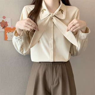  【ẢNH THẬT-Sẵn be L,XL Áo sơ mi nữ dài tay CỔ ĐỨC THÊU LÁ buộc nơ tai thỏ mẫu new basic công sở 