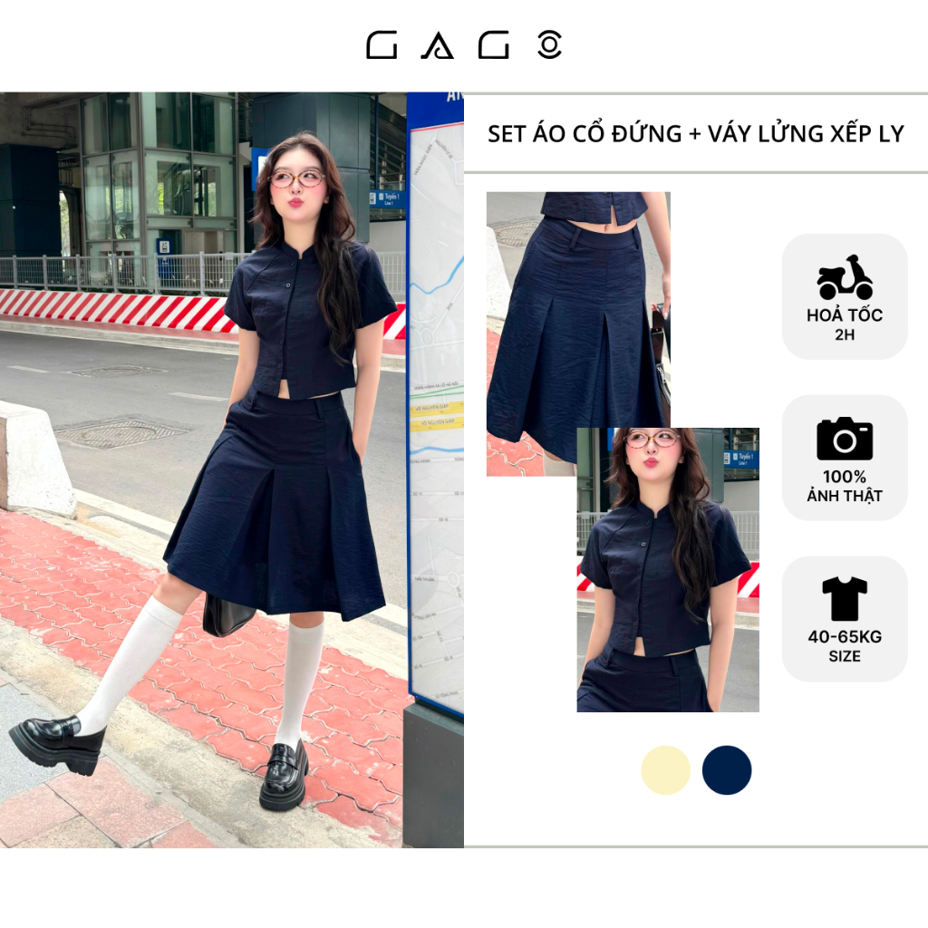 Set Áo Sơ Mi Chân Váy Đũi Cổ Tàu GAGO BRAND Phong Cách Trung Quốc Cách Điệu Tiểu Thư Sang Trọng GA50