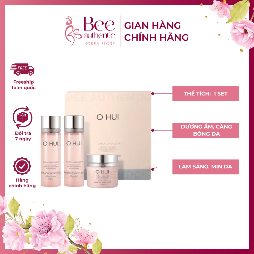 (Có tách set) Set dưỡng mini OHui hồng OHui Miracle Moisture sáng da, trắng hồng mịn da 3 sản phẩm