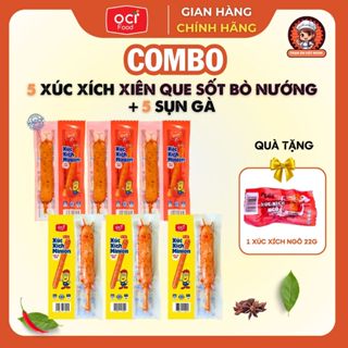 Combo 5 xúc xích sụn gà xiên que 30g + 5 xúc xích xiên que sốt bò nướng 30g, tặng kèm 1 xúc xích ngô 22g