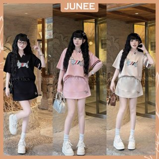 Set Bộ Đồ Nữ Áo Phông Thom Cổ Chữ V Họa Tiết Cún Thêu Vảy Kim Tuyến Mix Chân Váy Cạp Chun Kèm Túi Freesize