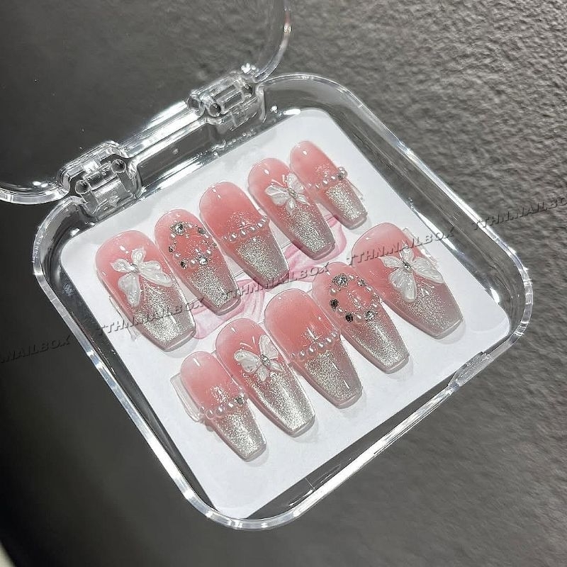 Nailbox thiết kế Thạch Hồng Ombre Mắt Mèo [T95] design Bướ.m phối charm đá