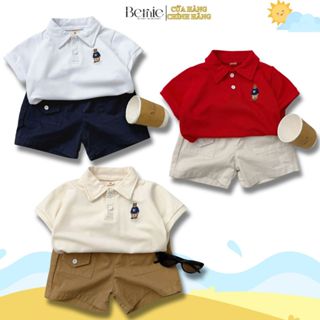 Set bộ bé trai polo áo thun polo trắng họa tiết thêu gấu quần kaki 1 đến 7 tuổi BERNIE H1224B37