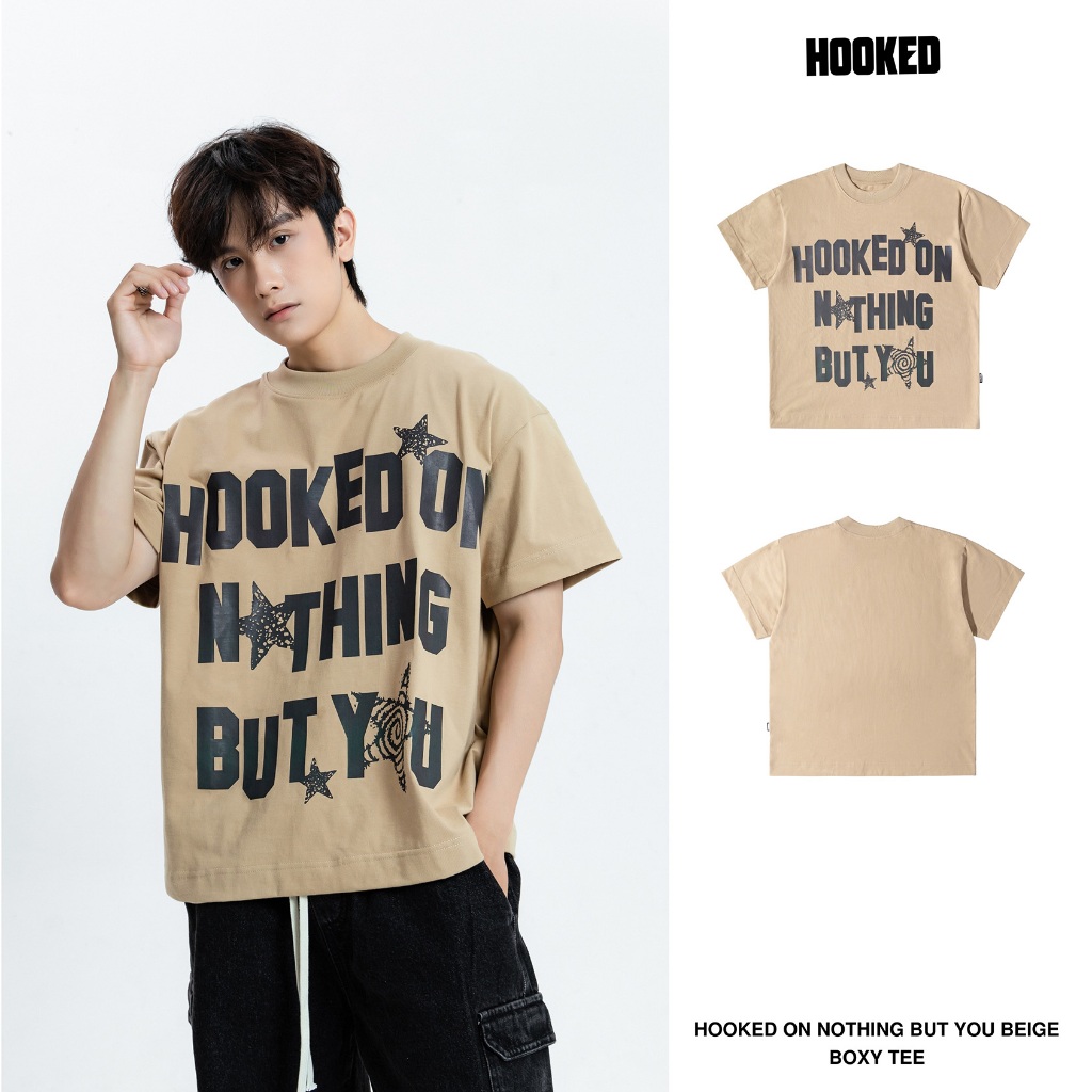 Áo Thun Unisex Boxy HOOKED ON NOTHING BUT YOU BEIGE BOXY T-SHIRT