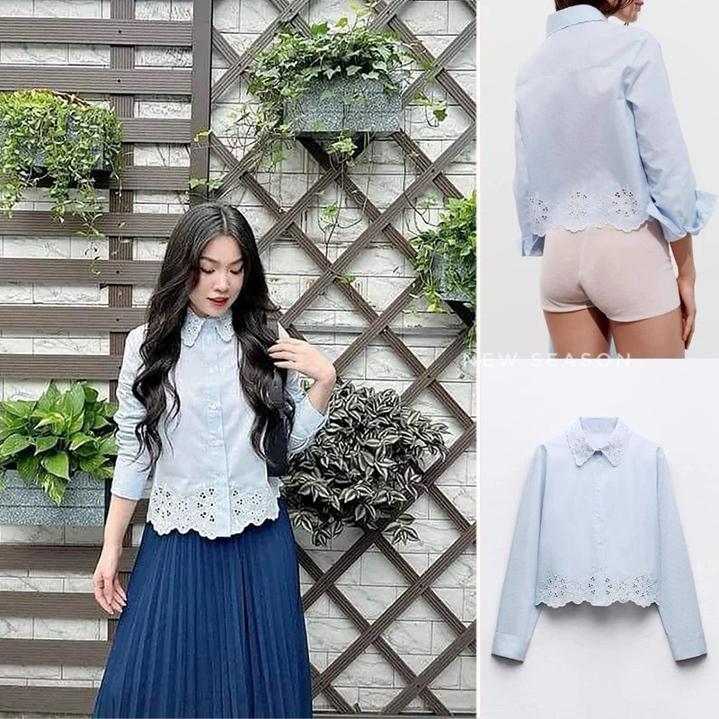 Áo sơ mi xanh phối ren hàng 𝚉𝙰𝚁𝙰 xuất 2025