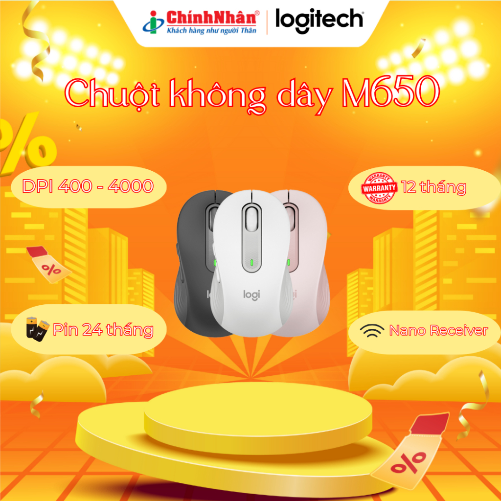 Chuột Không Dây Logitech M650 | Silent Click | Bluetooth & 2.4GHz | Pin Lâu 24 Tháng | Chính Hãng