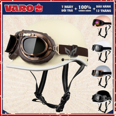 Combo Mũ Bảo Hiểm Nửa Đầu VAROHELMET Kiểu Nhật Dáng Cá Heo Kèm Kính Phi Công Freesize Chính Hãng