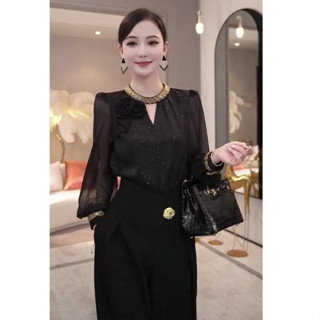  Áo sơ mi kiểu sang hoạ tiết cổ cườm tay bồng xếp li siêu đẹp dự tiệc áo kiểu nữ sang chảnh cổ tròn hở ngực chữ V 