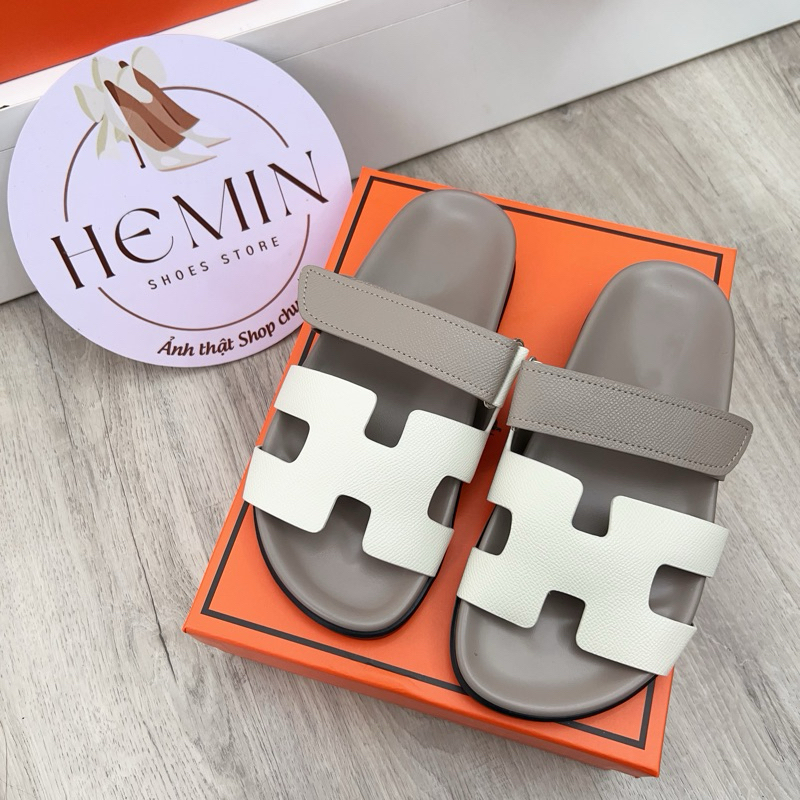  Dép lê nữ quai dán màu ghi phối kem da sần đế bánh mì qccc fullbox đầy đủ hộp túi 