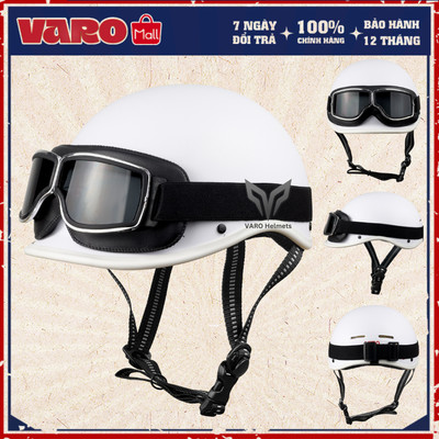 Combo Mũ Bảo Hiểm Nửa Đầu VARO Dáng Cá Heo Phong Cách Nhật Bản TRẮNG NHÁM Kèm Kính Phi Công Freesize