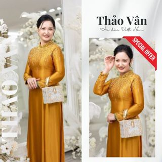 Áo Dài Mẹ Sui Đẹp, Áo Dài Màu Vàng Đồng Đính Kết Đá Thủ Công Sang Trọng - Áo Dài Thiết Kế Thảo Vân