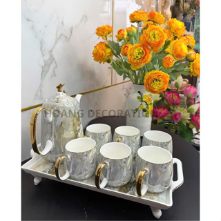 Bộ ấm chén pha trà gốm sứ vân đá viền vàng, ly lớn, khay cao, cao cấp, màu vân ghi, thiết kế đẹp.