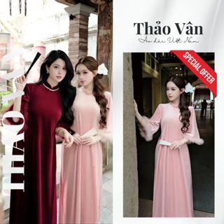  Áo Dài Cách Tân Nhung Tay Lông Vũ Sang Trọng Áo Dài Nữ 2 Màu Đỏ Hồng Dịu Dàng - Áo Dài Thảo Vân 