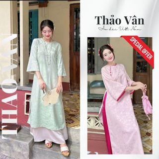 Áo Dài Cách Tân Tâm Ý Mix Kèm Quần Váy  Chất liệu Gấm  Fom Xuông Đính Cúc Bọc Viền Màu Cổ - Tay  - Áo Dài tết 2025
