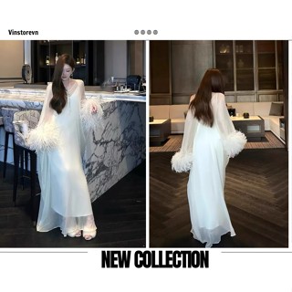 Đầm Lụa 2 Dây Mix Đầm Tơ Phối Lông Tay Dáng Suông Dài Cao Cấp