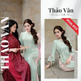 Áo Dài Cách Tân Dai Ý Lụa Gấm Cao Cấp Cổ Cao 2 Tà Đính Nơ Tay Cách Điệu Duyên Dáng - Áo Dài Tết 2025