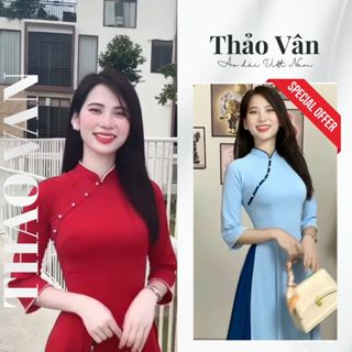 Áo Dài Truyền Thống Phối Tay Loe, Né Viền Ngực Đính Ngọc Trai Chất Lụa Mịn Cao Cấp - Áo Dài Thảo Vân