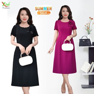 Đầm Suông A cổ lượn sóng kèm hoa cài sang trọng DL635DL636