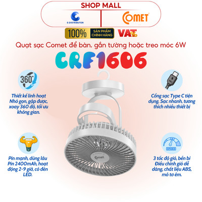 [HỎA TỐC] Quạt sạc treo tường, để bàn - có đèn LED Comet CRF1606 - Công suất 6W xoay 360 độ - Hàng chính hãng