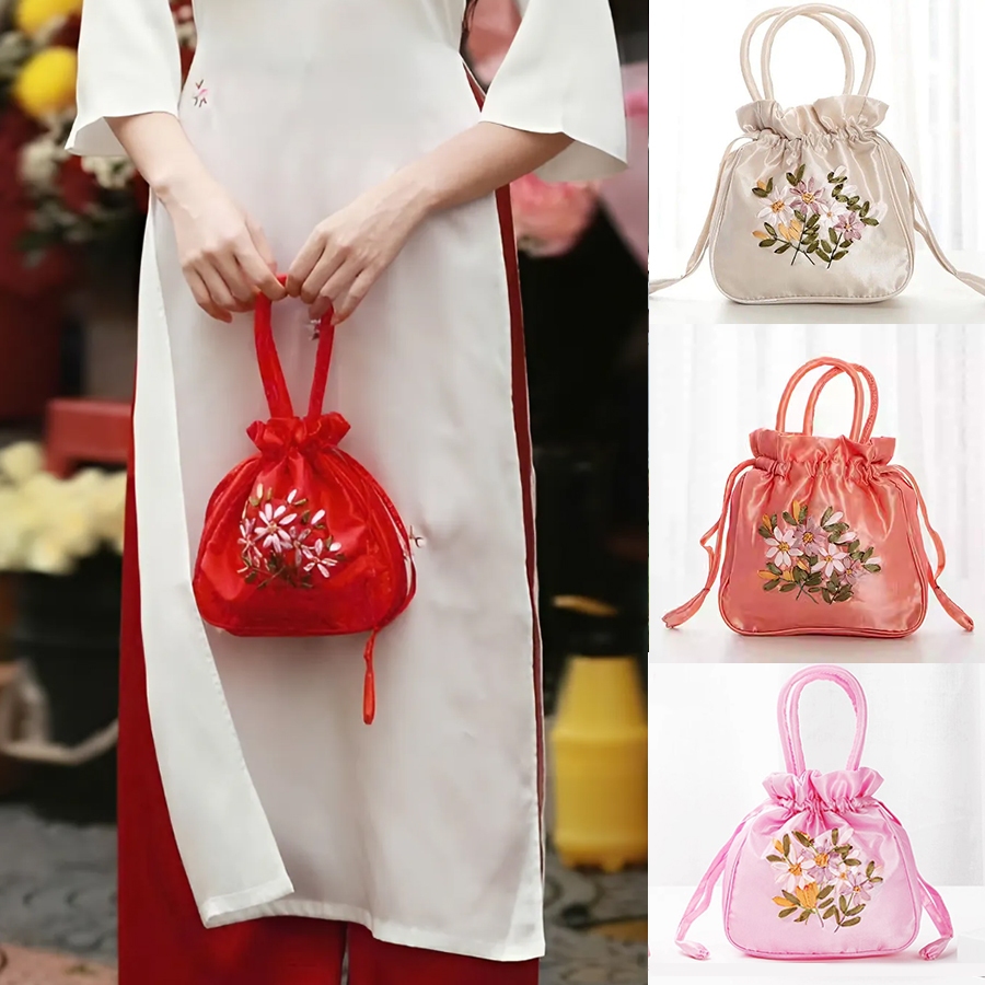 Túi Cầm Tay Nữ Thêu Hoa Dây Rút Tiện Lợi, Túi Nữ Đi Chơi Du Lịch Vải Lụa Mềm Đẹp Cổ Điển Thời Trang