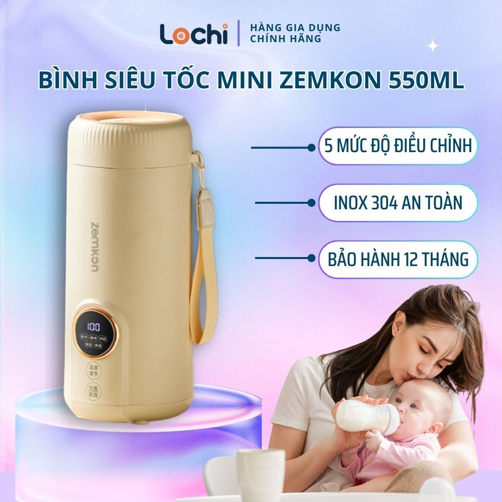 Bình đun siêu tốc mini ZEMKON - Ấm đun pha sữa cầm tay 550ml, ruột inox 304, màn cảm ứng LCD
