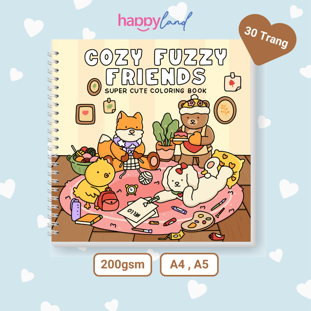 Bộ Tranh Tô Màu Cozy Fuzzy Friend, Quyển 30 Tranh Giấy Dày 200gsm, Khổ A4 A5