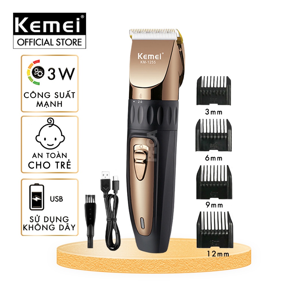 Tông đơ cắt tóc không dây Kemei KM-1255 dùng cho cá nhân và gia đình - Hàng chính hãng