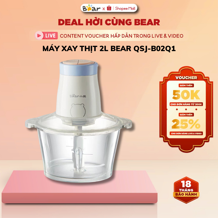 Máy xay thực phẩm đa năng 2L Bear QSJ-B02Q1, 300W,lưỡi dao inox sắc bén thiết kế gọn nhẹ, BH 18Tháng