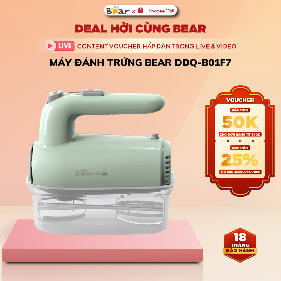 Máy đánh trứng cầm tay đa năng Bear DDQ-B01F7, 125W, 5 chế độ đánh, Que đánh inox 304-BH 18 tháng