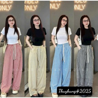 Quần ống rộng kẻ caro chất vải đũi lụa dáng suông dài 98 đến 100cm cạp chun lưng cao có dây rút Q