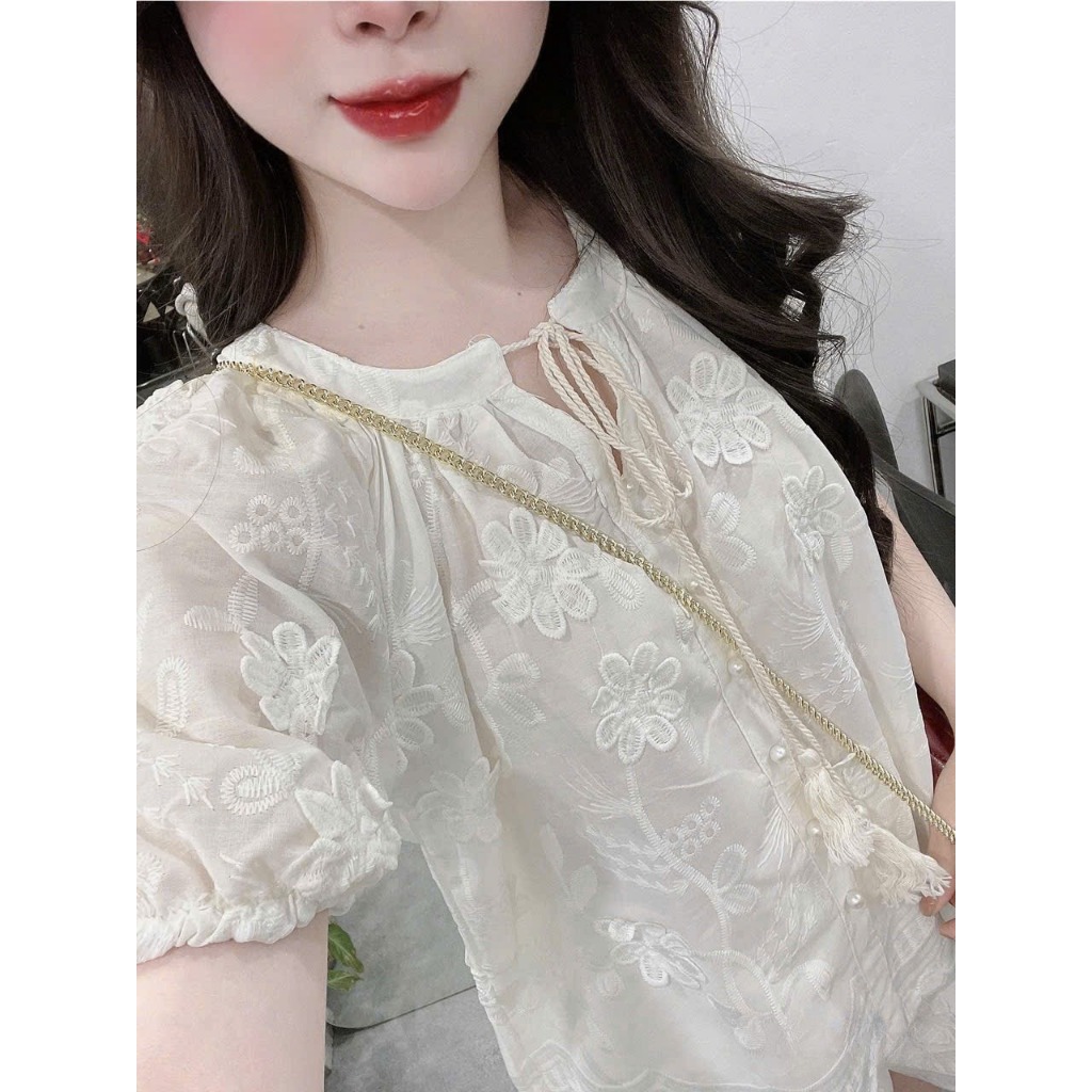 Set đồ nữ Canna chất vải thô thêu hoa nổi hai lớp mềm mại, Bộ đồ nữ áo ngắn tay kèm quần short trẻ trung thời trang HEBE | BigBuy360 - bigbuy360.vn