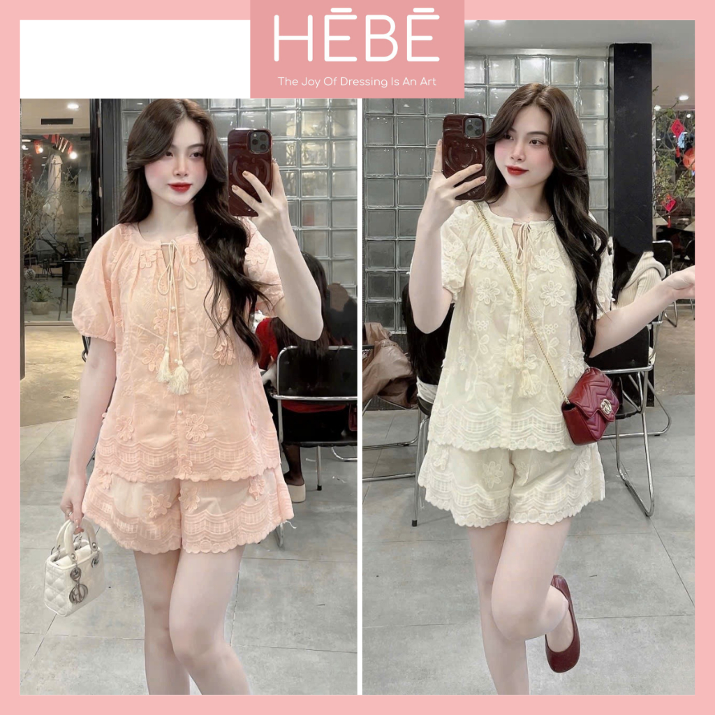Set đồ nữ Canna chất vải thô thêu hoa nổi hai lớp mềm mại, Bộ đồ nữ áo ngắn tay kèm quần short trẻ trung thời trang HEBE | BigBuy360 - bigbuy360.vn
