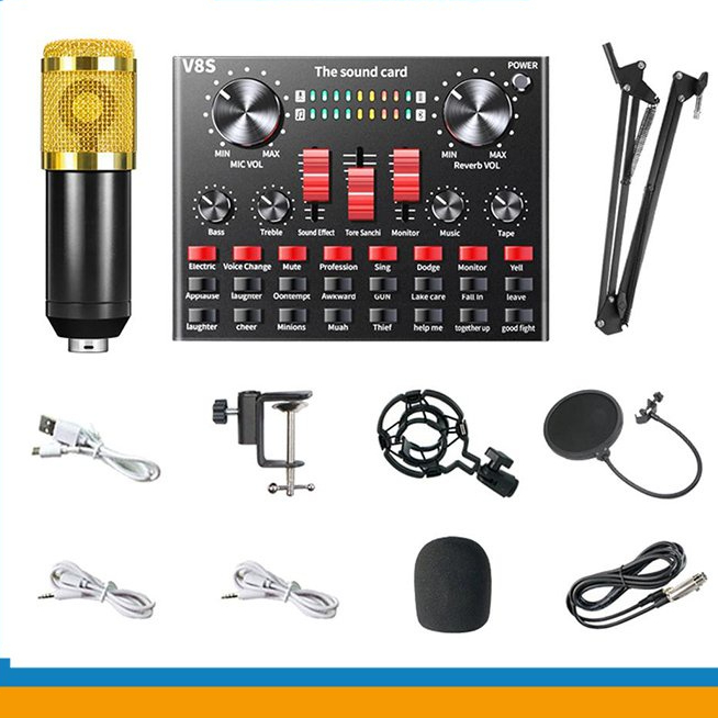 Trọn bộ sound card âm thanh V8S micro thu âm BM900 và màng lọc, kẹp mic