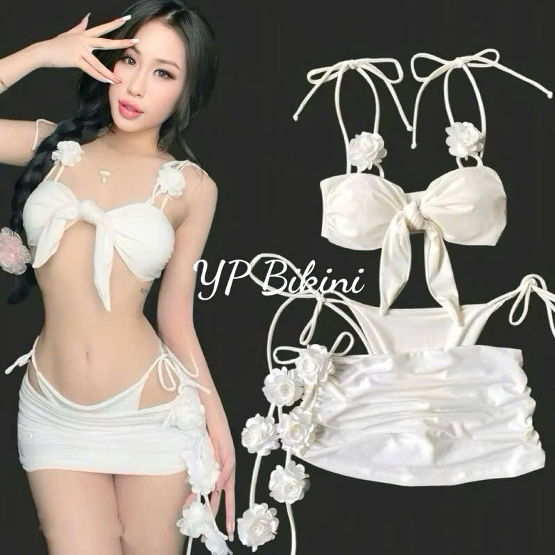 Bikini 3 mảnh bikini đi biển set 3 món gắn hoa trắng , Hàng cao cấp . Hình shop chụp ( che tên)
