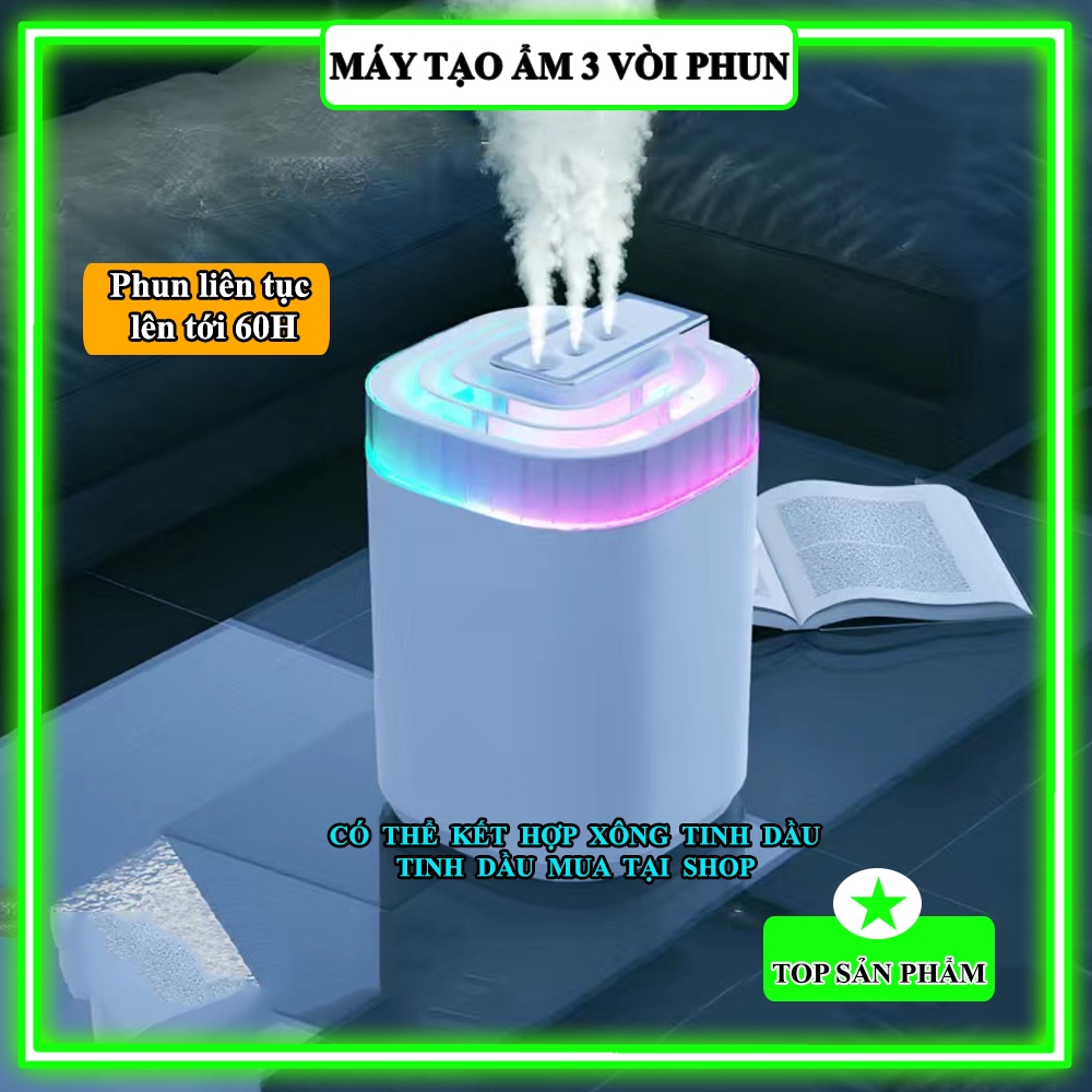 Máy tạo độ ẩm ba vòi, phun sương lọc không khí dung tích lớn 3L- nhiều màu sắc decor phòng ngủ