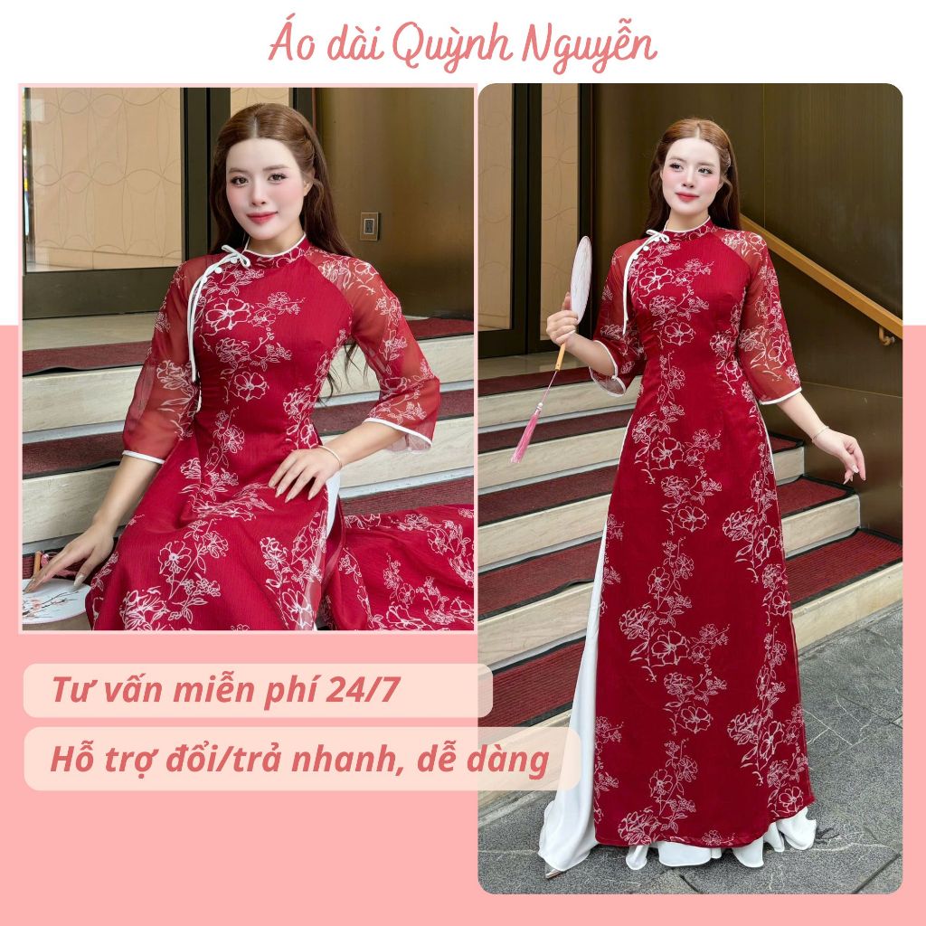 Áo dài thiết kế, áo dài cách tân nữ màu đỏ đô 4 tà tơ thêu thủ công Áo dài Quỳnh Nguyễn MÃ TK182