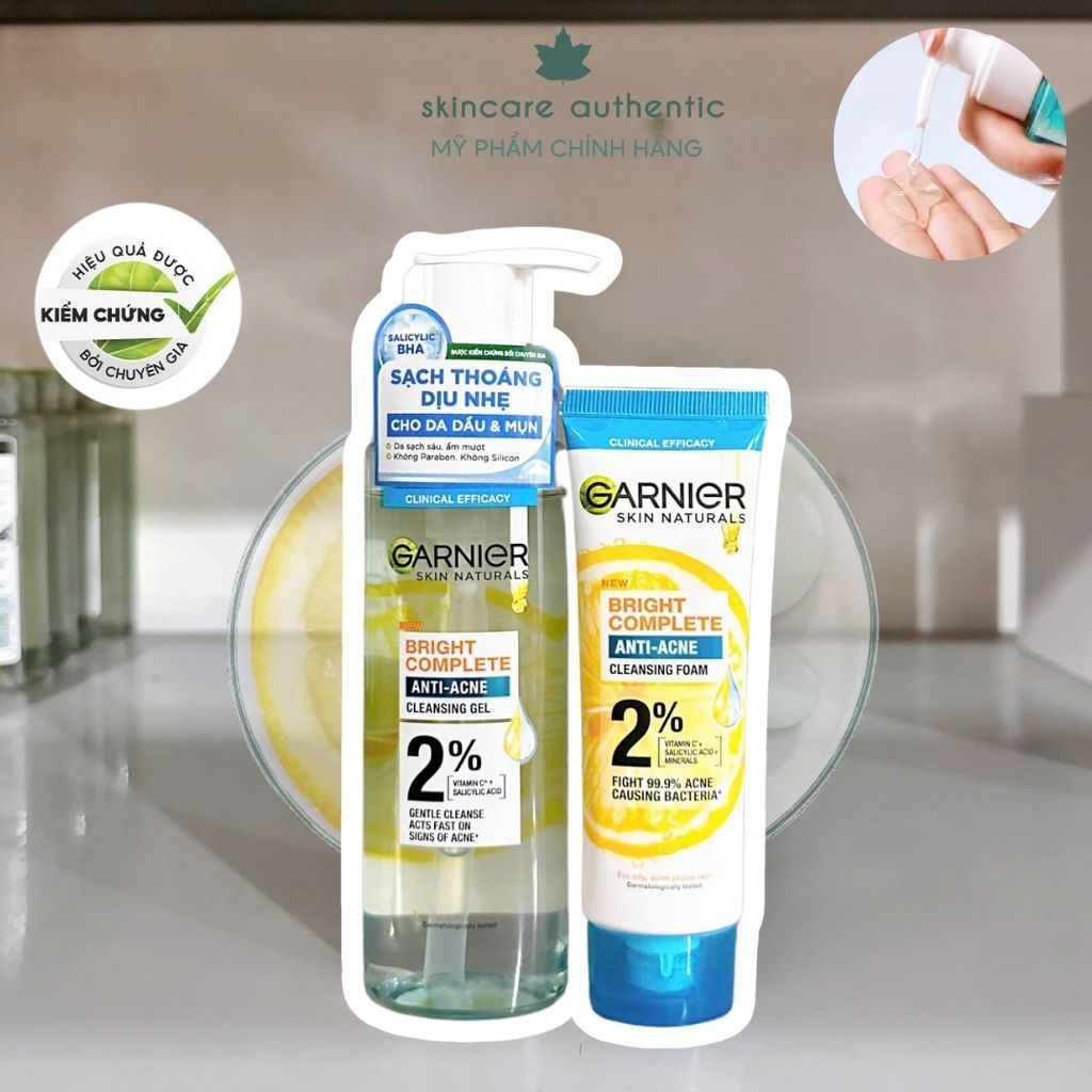 Sữa rửa mặt dạng gel sạch thoáng dịu nhẹ Garnier 2% [BHA, Vitamin C] cho da dầu mụn 120ml