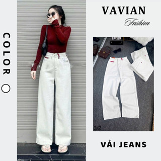 Quần Jean nữ ống suông, quần bò suông nữ MÀU TRẮNG phối viền ĐỎ và JEAN Lùn, quần jean nữ trắng lưng cao siêu hách dáng