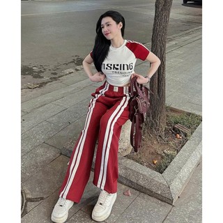  Q38 Set Bộ Nữ Thể Thao Quần Ống Rộng Kẻ Sọc Mix ÁoThun Croptop Áo Baby Tee Chất Cotton Mát Mịn 