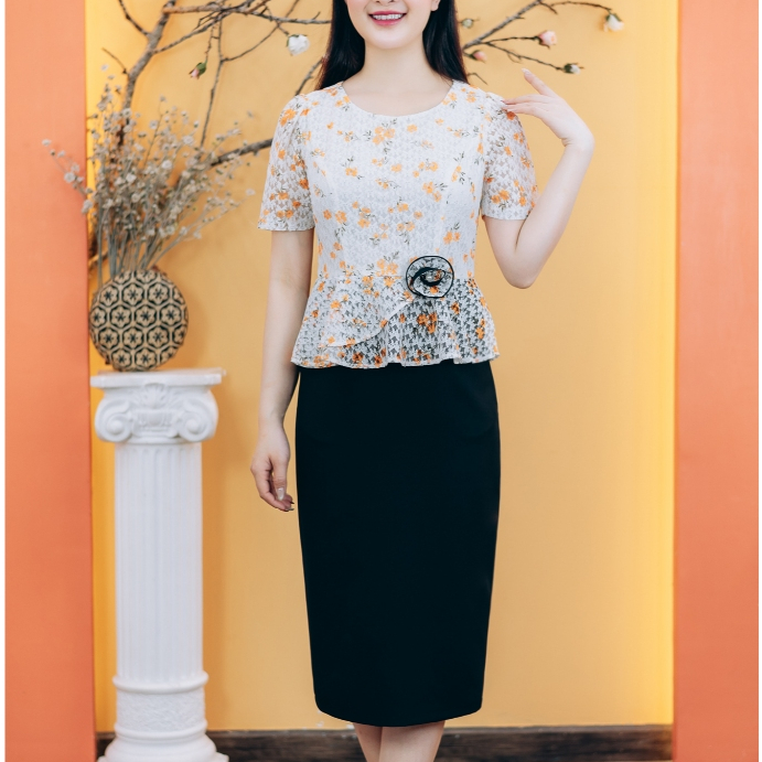 Đầm body trung niên cho mẹ - Cổ tròn tay ngắn - Trắng hoa cam - TTV Store thời trang nữ TTV1851#