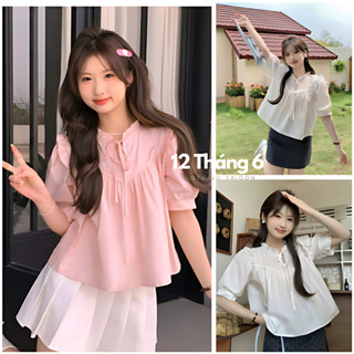 Áo babydoll ngắn tay bèo cổ buộc nơ thân trước bổ cúp V bồng nhún phong cách Hàn Quốc