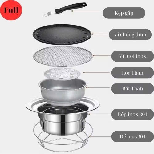 Bếp nướng than hoa không khói 5 món kèm đế inox