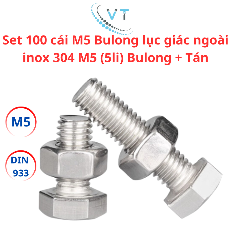 Set 100 cái M5 Bulong lục giác ngoài inox 304 M5 (5li) Bulong + Tán
