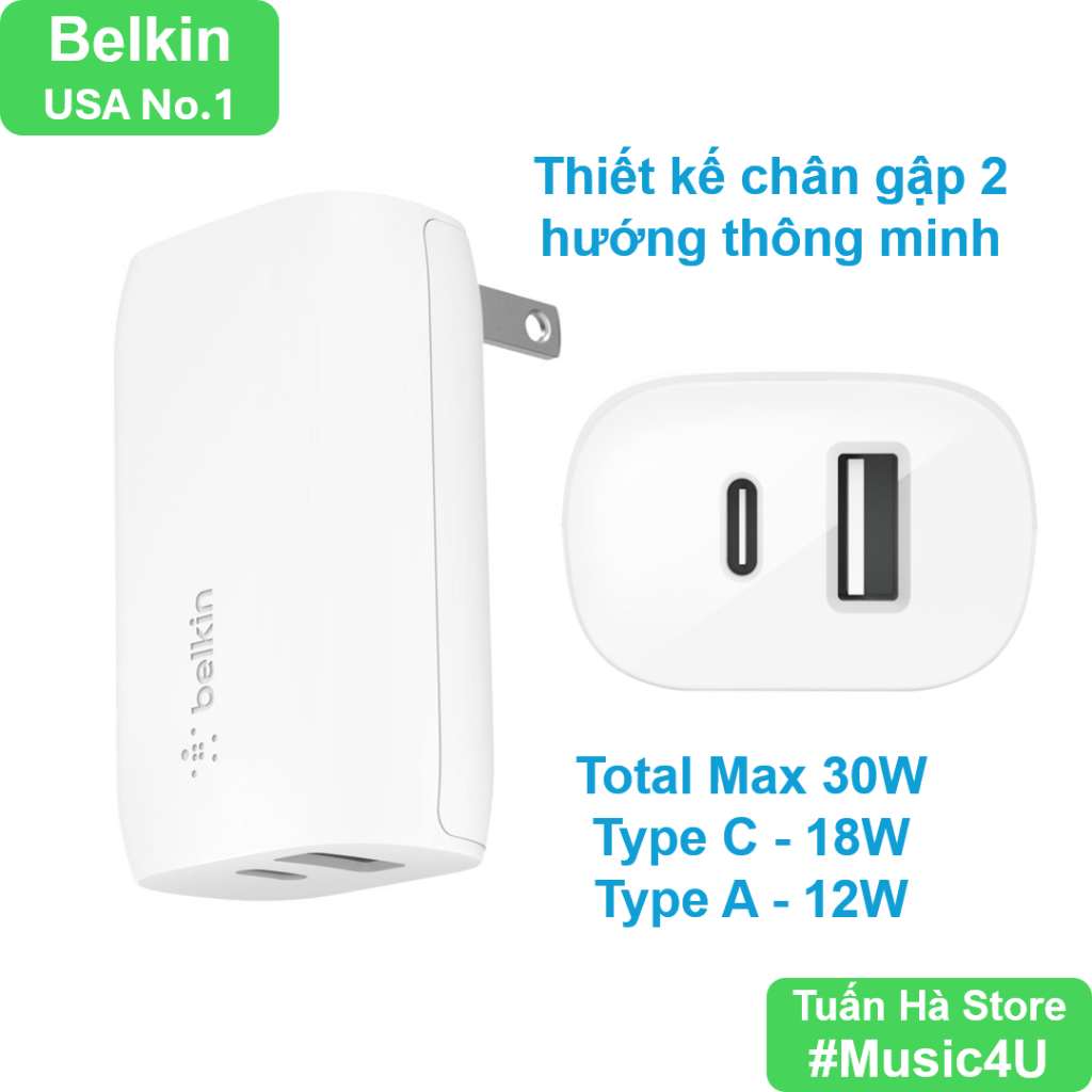 Củ sạc nhanh Belkin 30W 2 cổng  USB-C PD 18W và USB-A 12W Tuấn Hà Store