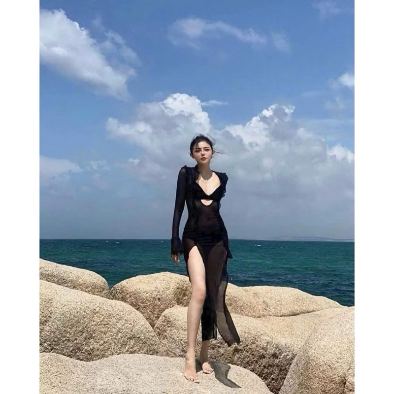 (Sẵn HCM)Set bikini đồ bơi đi biển Đầm lưới ren dáng dài xuyên thấu áo tay dài có loe mềm mỏng MANILLA | BigBuy360 - bigbuy360.vn