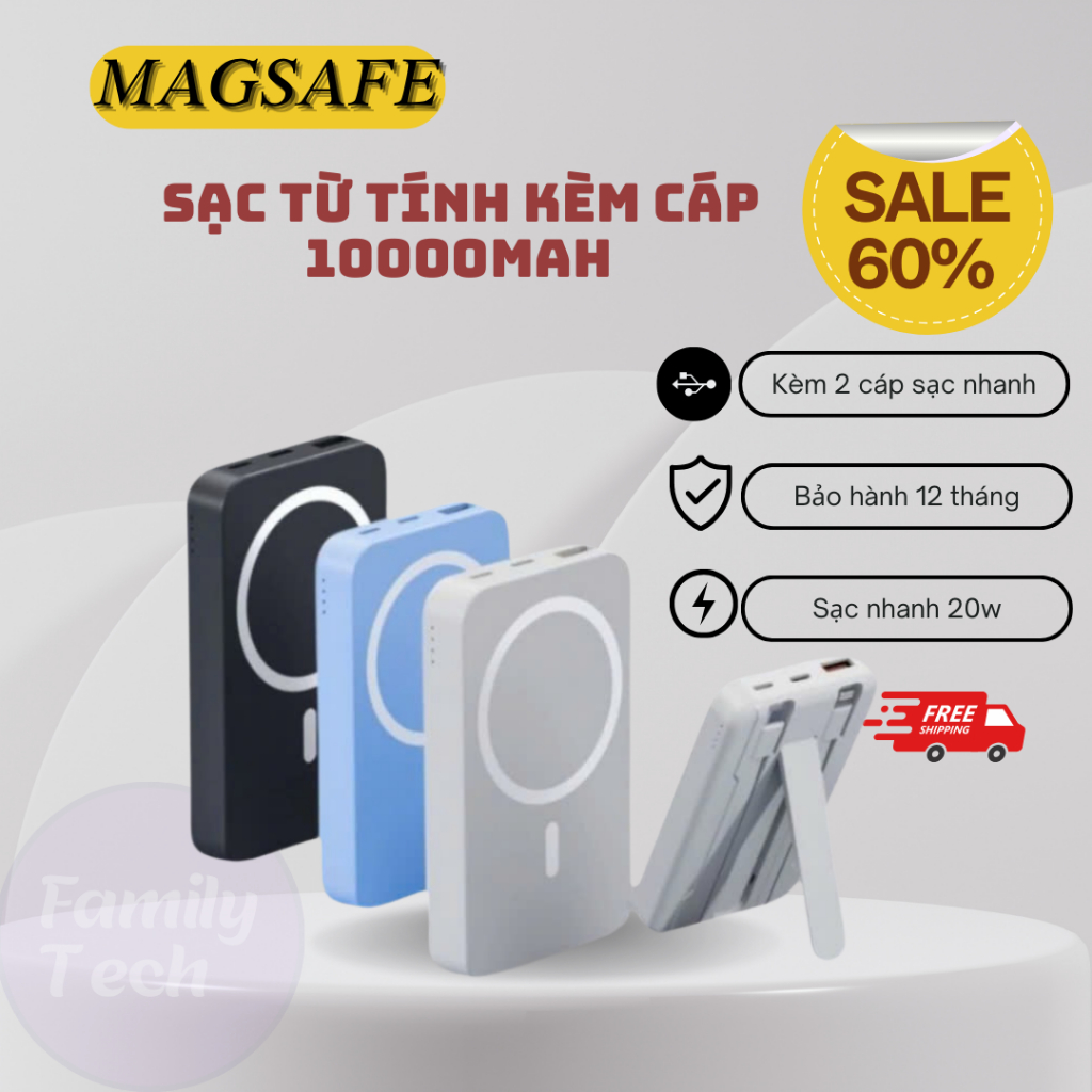 Sạc Từ Tính Không dây 10.000mAh, Tích Hợp 2 Dây Sạc Type C và Lightning